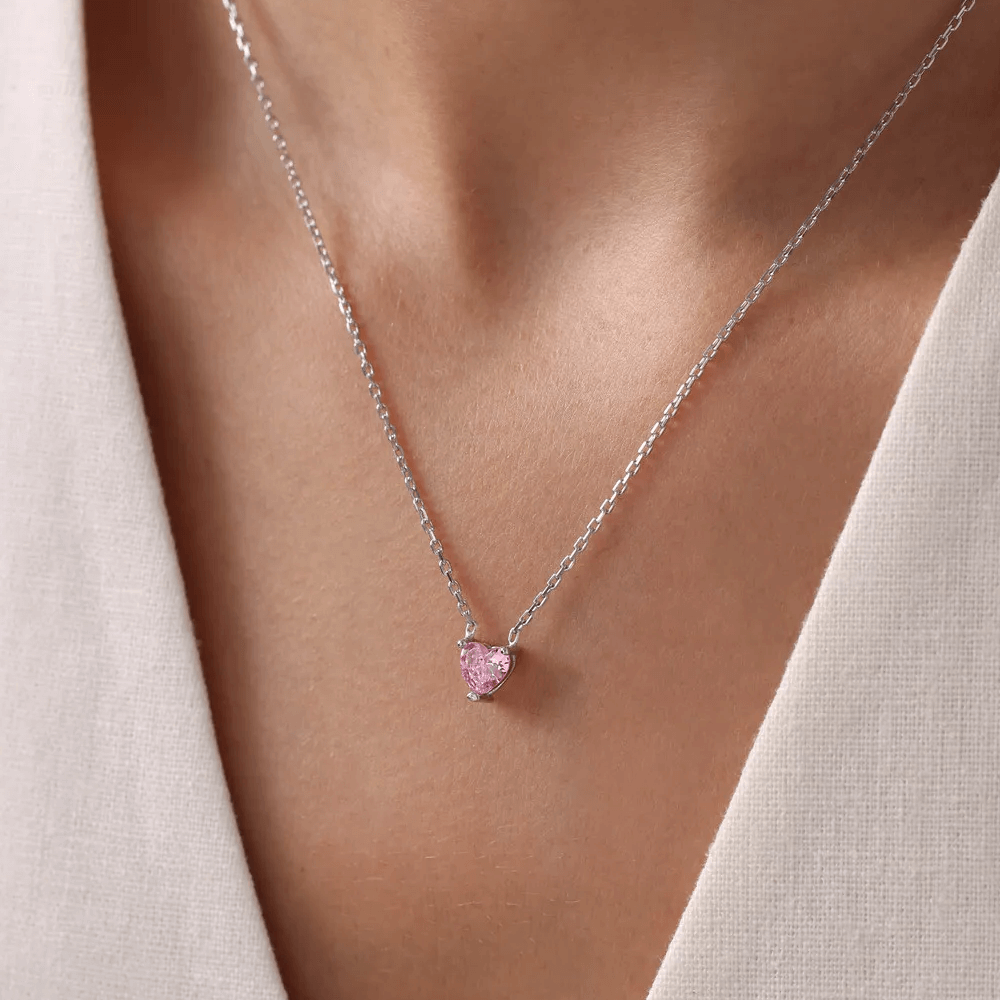 925 Sterling Silver Dainty Pink Stone Heart Necklace