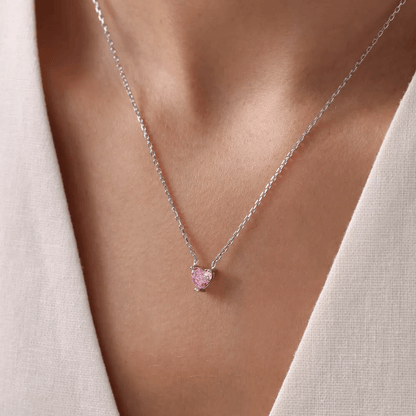 925 Sterling Silver Dainty Pink Stone Heart Necklace