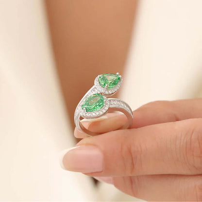 925 Sterling Silver Green Teardrop CZ Diamond Ring