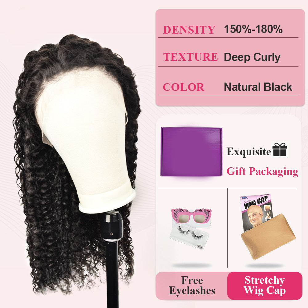 #1B Deep Curly HD Lace Front Wigs Human Hair 180% Density Transparent Lace Frontal Wigs Pre Plucked With Baby Hair CVOHAIR