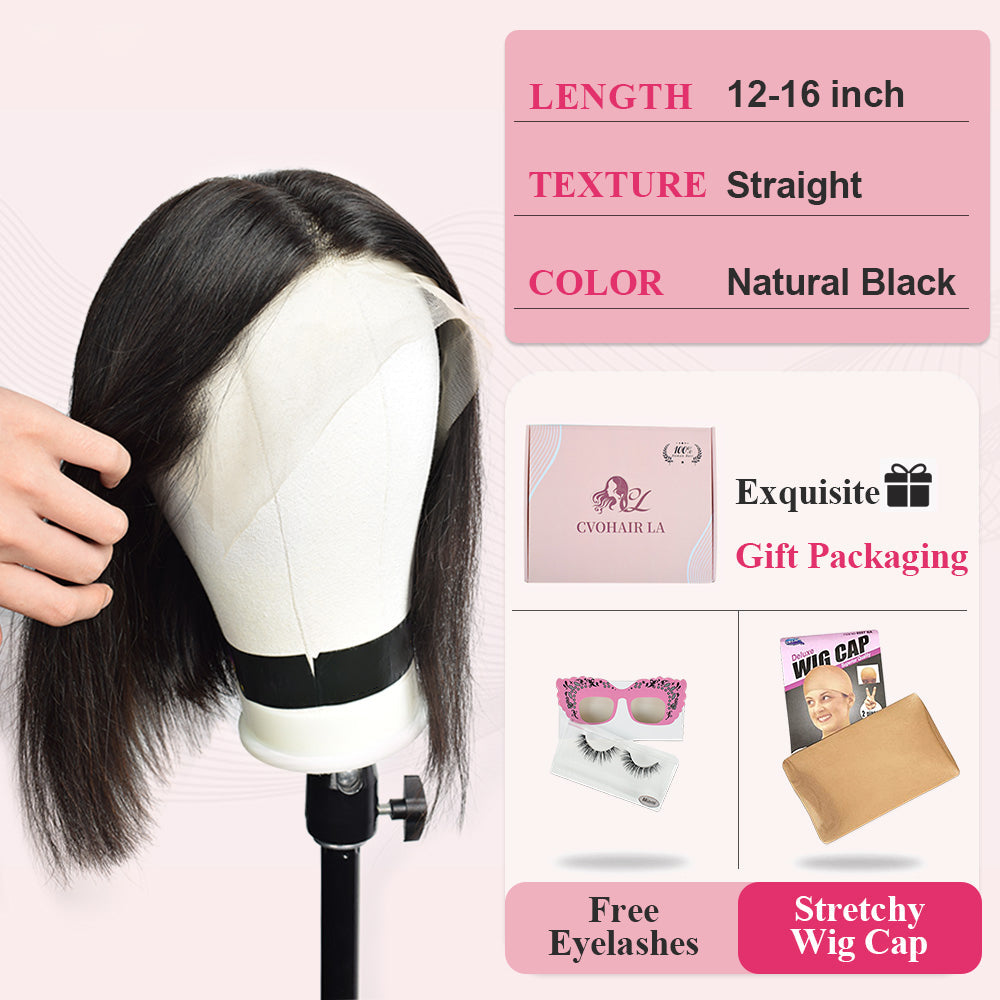 #1B Bob Straight HD Lace Front Wigs Human Hair 200% Density Transparent Lace Frontal Wigs Pre Plucked With Baby Hair CVOHAIR