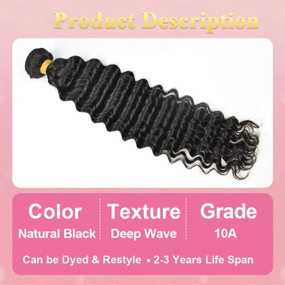 #1B Deep Wave 10A Human Hair Bundles Brazilian Virgin Hair Weave CVOHAIR