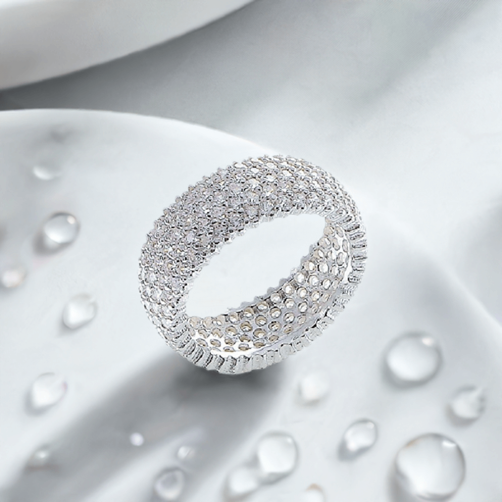 Five Rows Brilliant-Cut White Zircon Silver Band Ring