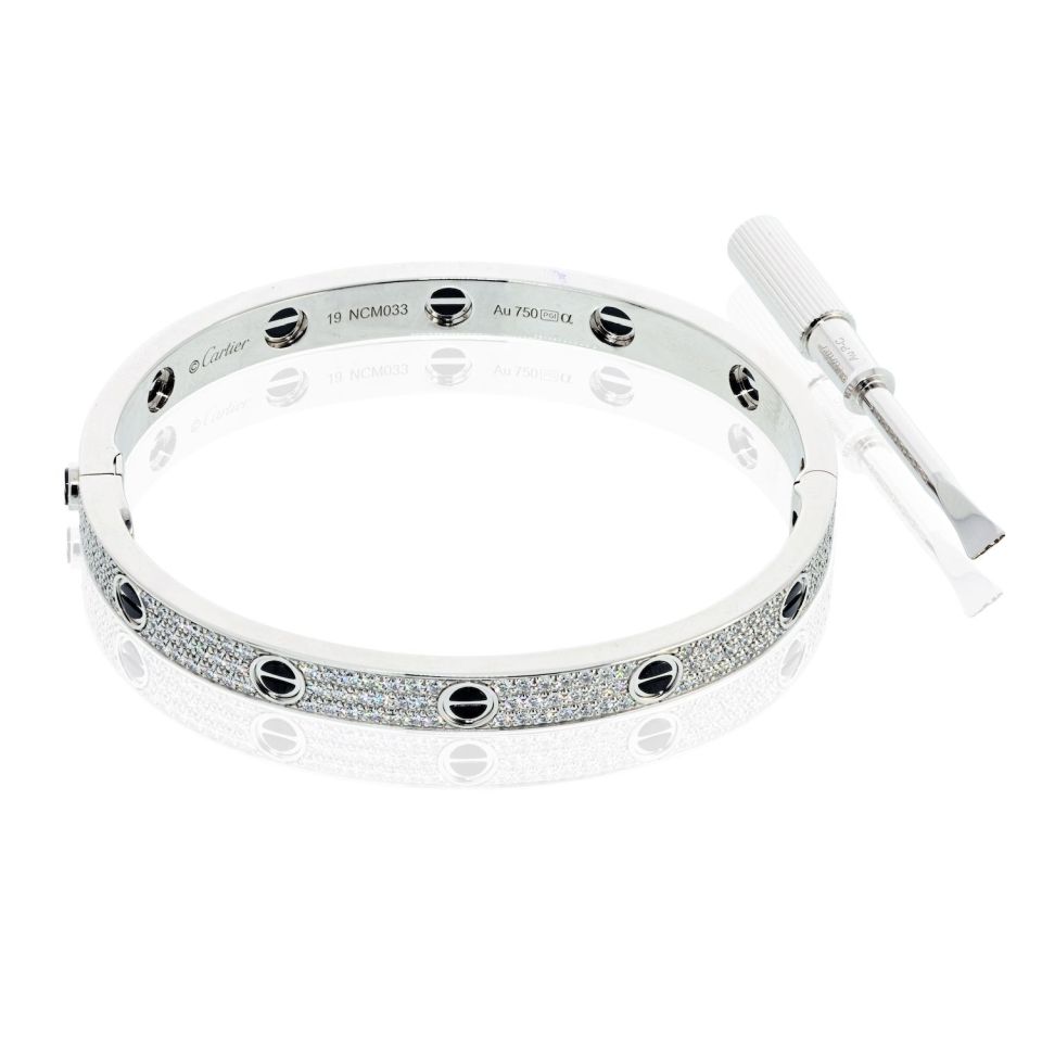Carthttier Love 18K White Gold Pave Diamonds and Ceramic Motifs Size 19 Bracelet