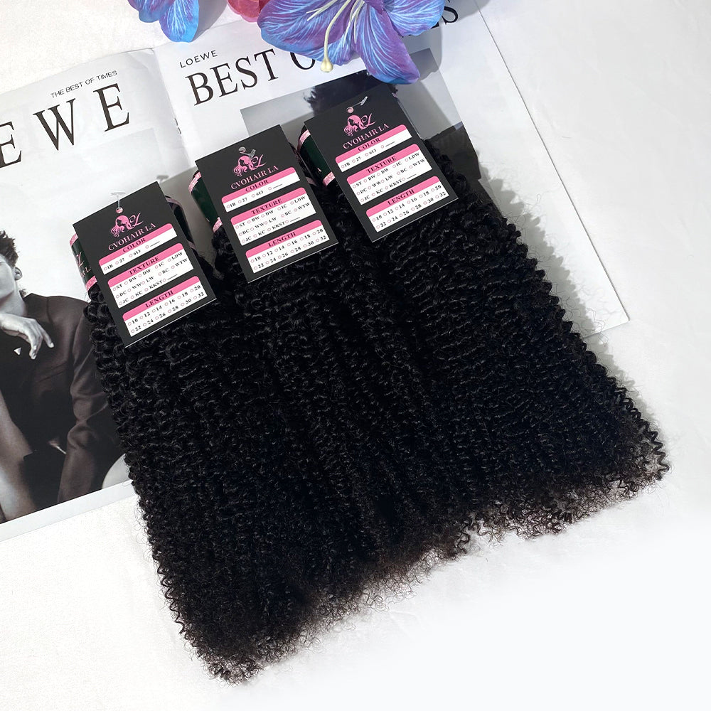 #1B Kinky Curly 10A Human Hair Weave Bundles 100% Unprocessed Hair Weft Extensions Natural Black Color CVOHAIR
