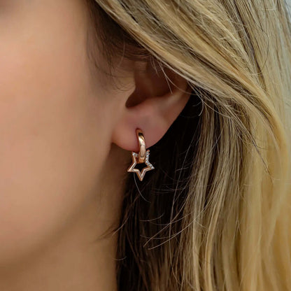 925 Sterling Silver Dangle Star Mini Hoop Earrings