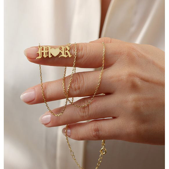 Gothic Initials Necklace Silver Heart Pendant