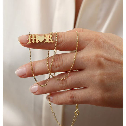 Gothic Initials Necklace Silver Heart Pendant