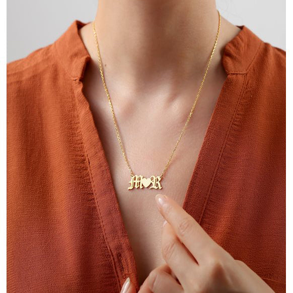 Gothic Initials Necklace Silver Heart Pendant