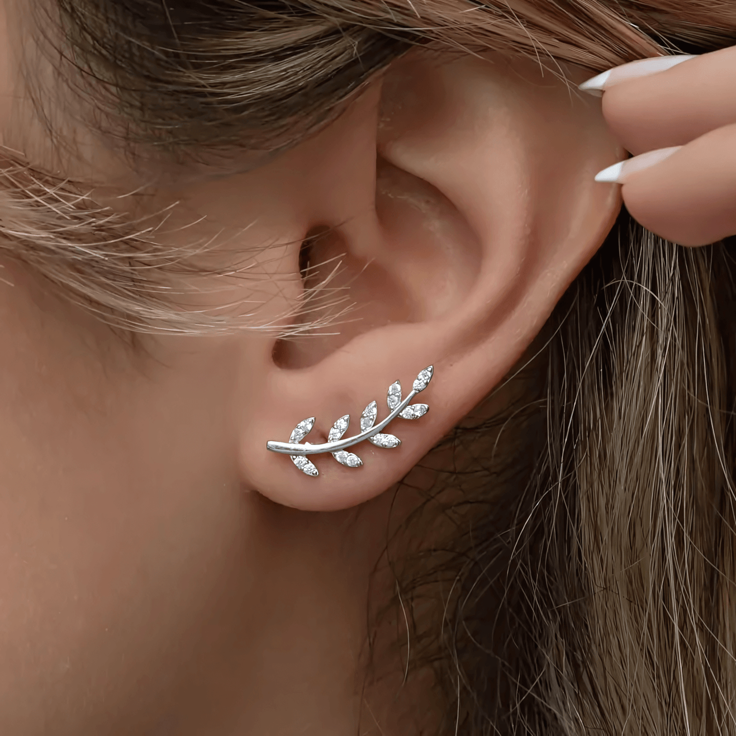 Olive Branch 925 Sterling Silver Stud Earrings with Zircon