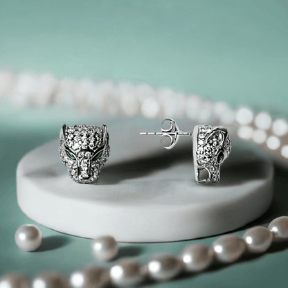 Panther Stud Earrings with Pave CZ Crystals in 925 Silver
