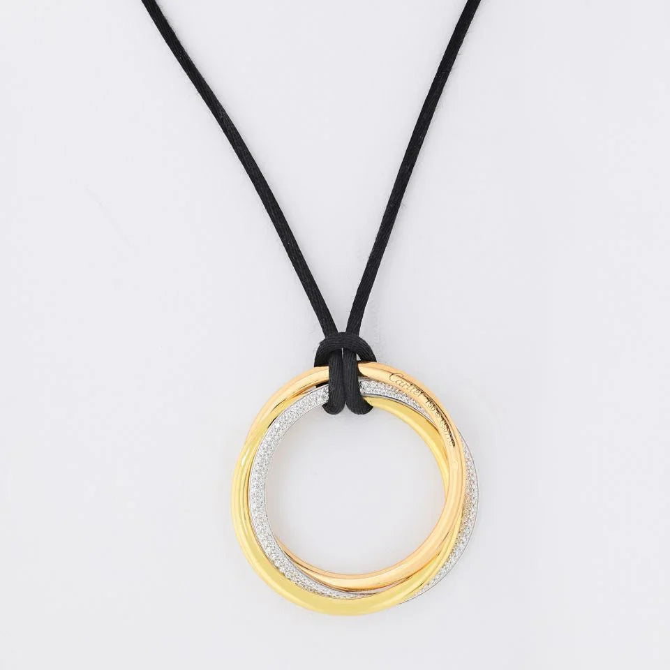 Carthttier Trinity 18K Tri Color Pave Diamond Circles on Cord Pendant