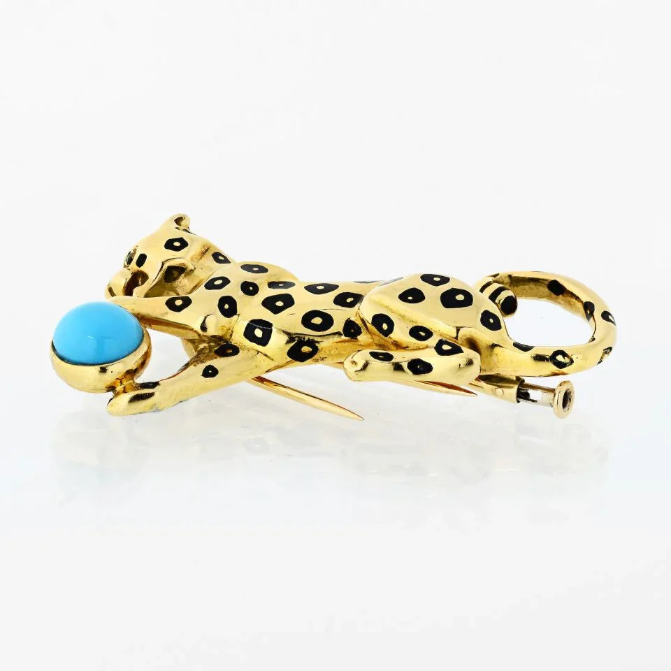 Carthttier Panthere 18K Yellow Gold Panther with Turquoise Ball Brooch