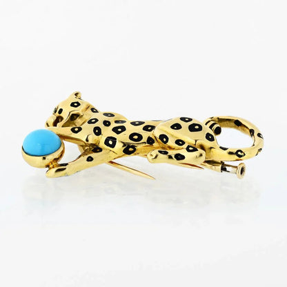 Carthttier Panthere 18K Yellow Gold Panther with Turquoise Ball Brooch