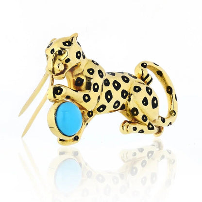 Carthttier Panthere 18K Yellow Gold Panther with Turquoise Ball Brooch