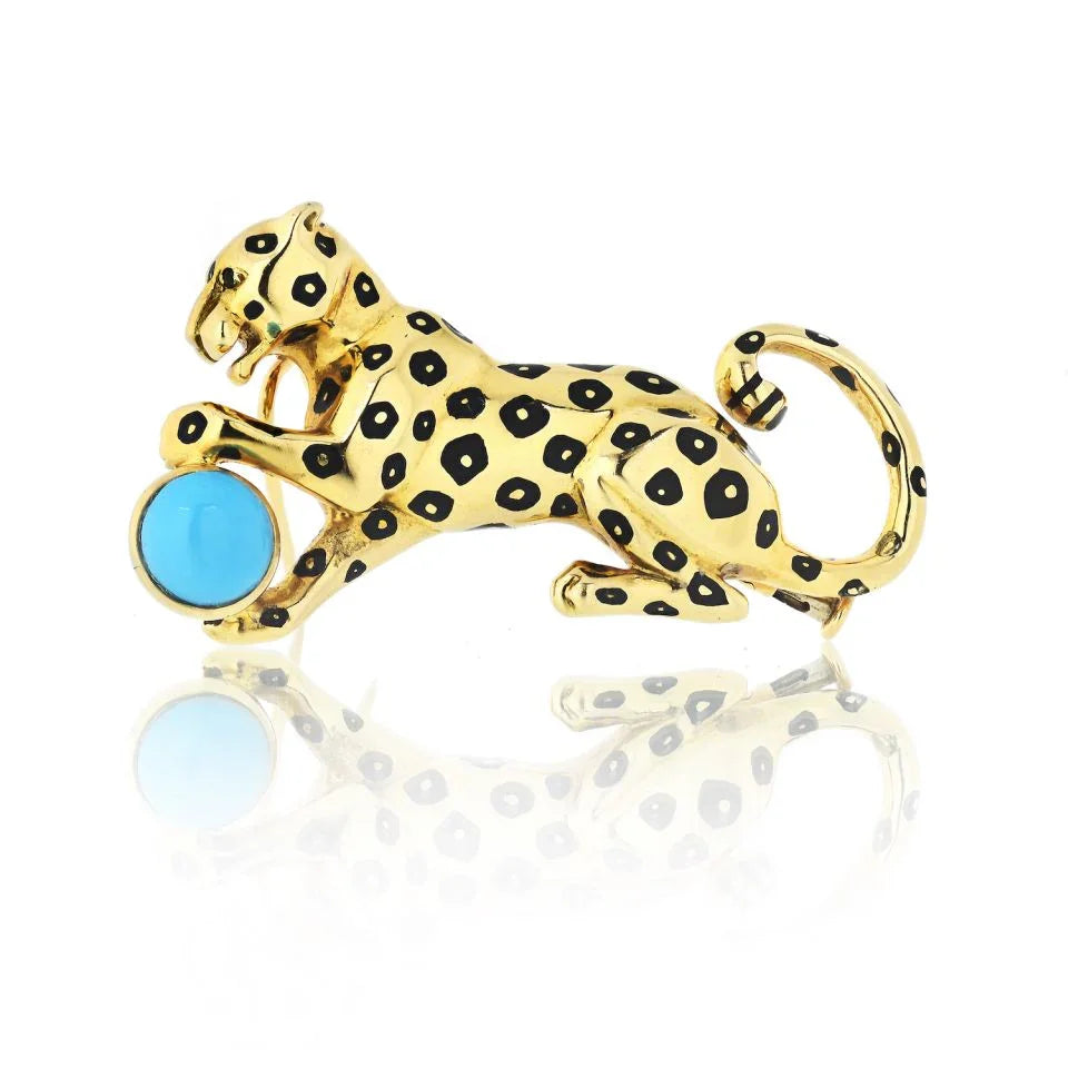 Carthttier Panthere 18K Yellow Gold Panther with Turquoise Ball Brooch