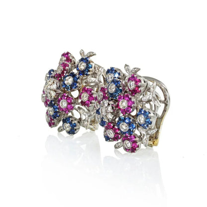 Carthttier Tremblant 18K White Gold Diamond, Sapphire and Ruby Clip-On Earrings