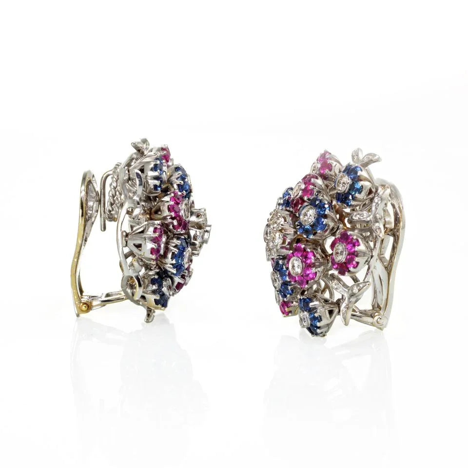 Carthttier Tremblant 18K White Gold Diamond, Sapphire and Ruby Clip-On Earrings