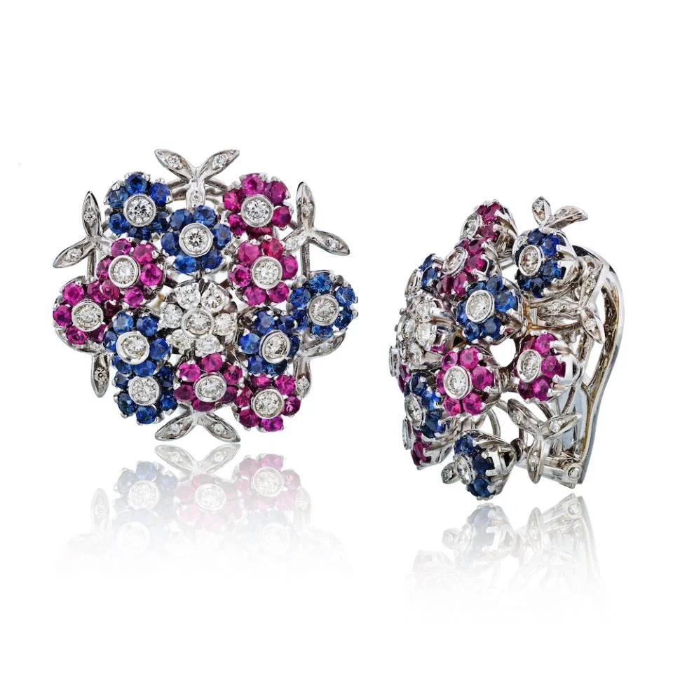 Carthttier Tremblant 18K White Gold Diamond, Sapphire and Ruby Clip-On Earrings