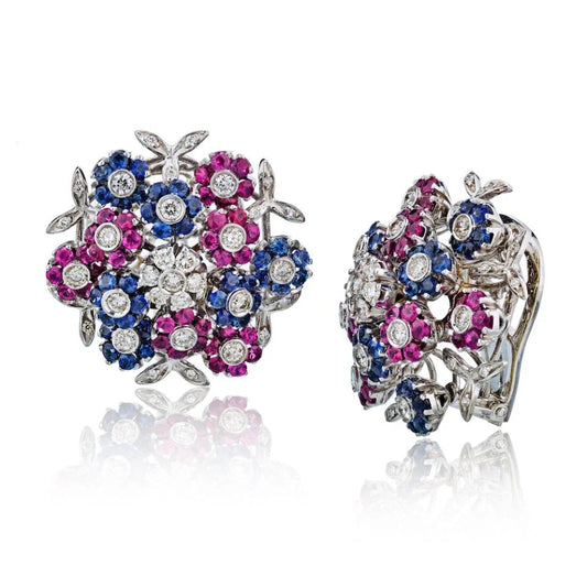 Carthttier Tremblant 18K White Gold Diamond, Sapphire and Ruby Clip-On Earrings
