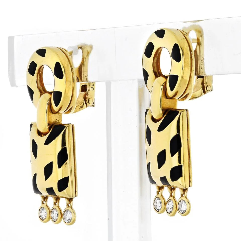 Carthttier Panthere 18K Yellow Gold de Carthttier Enamel and Diamond Earrings