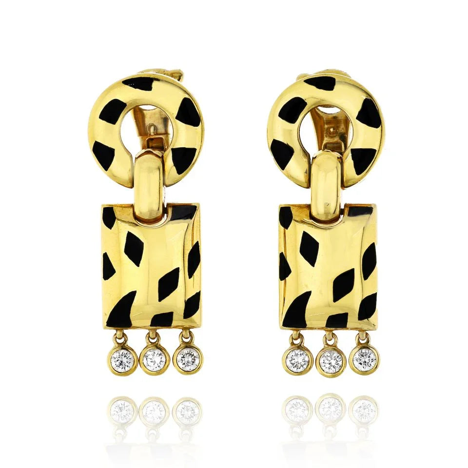 Carthttier Panthere 18K Yellow Gold de Carthttier Enamel and Diamond Earrings
