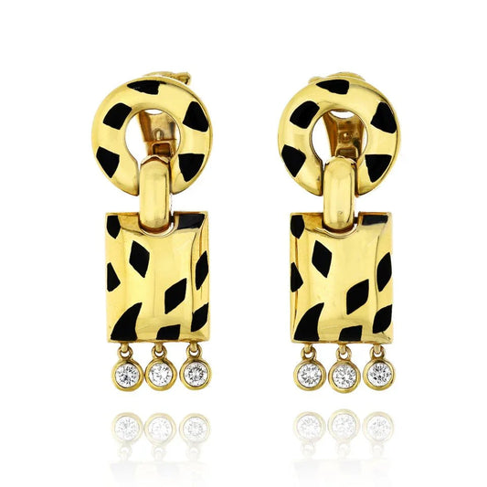 Carthttier Panthere 18K Yellow Gold de Carthttier Enamel and Diamond Earrings