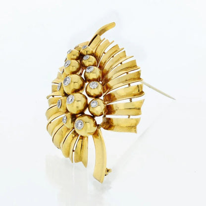 Carthttier Art Deco 18K Yellow Gold Leaf Foliage Diamond Brooch