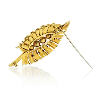 Carthttier Art Deco 18K Yellow Gold Leaf Foliage Diamond Brooch