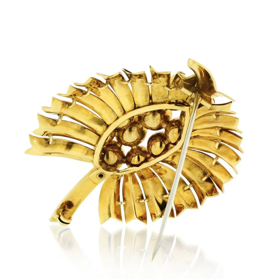 Carthttier Art Deco 18K Yellow Gold Leaf Foliage Diamond Brooch