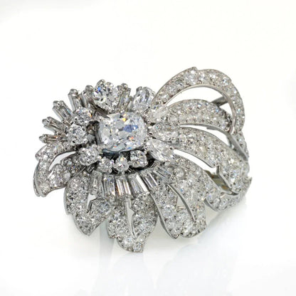 Carthttier 1950's Platinum Foliate Design with Center Cushion Cut Diamond 1.35 E/VS2 GIA Brooch