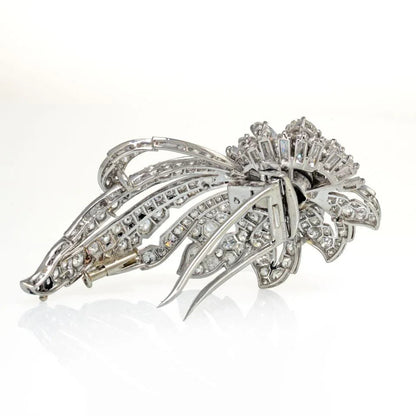Carthttier 1950's Platinum Foliate Design with Center Cushion Cut Diamond 1.35 E/VS2 GIA Brooch