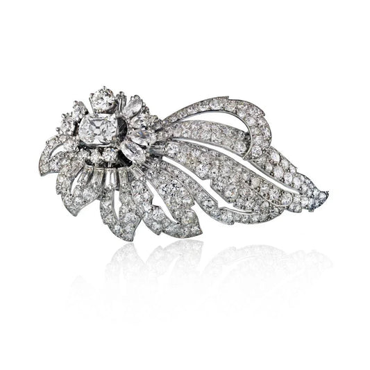 Carthttier 1950's Platinum Foliate Design with Center Cushion Cut Diamond 1.35 E/VS2 GIA Brooch