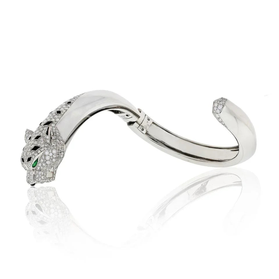 Carthttier Panthere 18K White Gold Diamond Cuff Bangle Bracelet