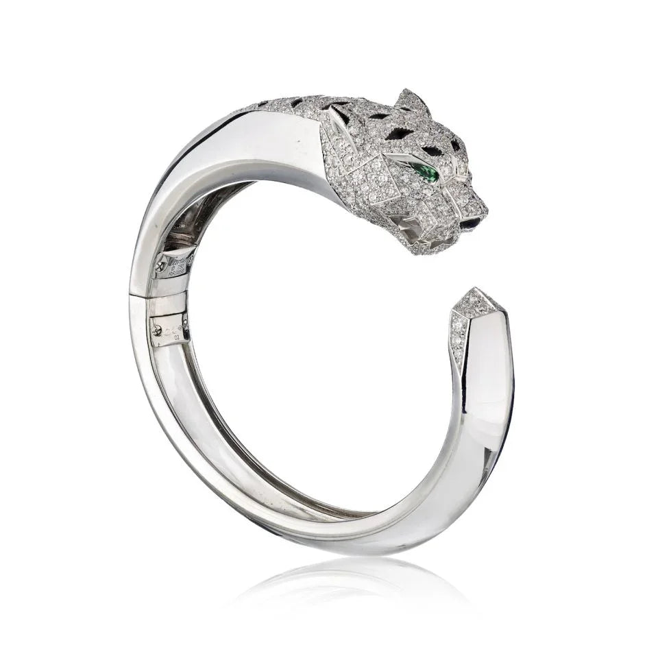 Carthttier Panthere 18K White Gold Diamond Cuff Bangle Bracelet
