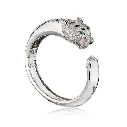 Carthttier Panthere 18K White Gold Diamond Cuff Bangle Bracelet