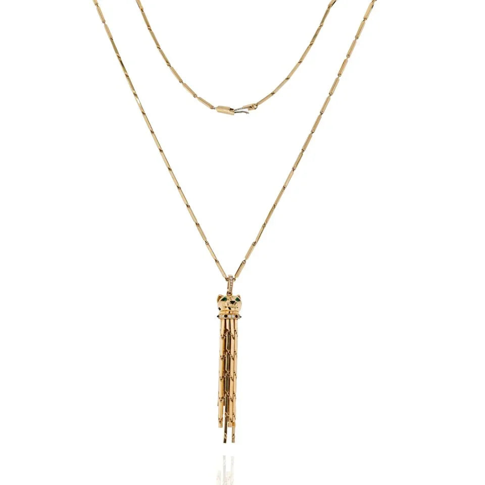 Carthttier Panthere 18K Yellow Gold On A Gold Chain Long Tassel Spotted Necklace