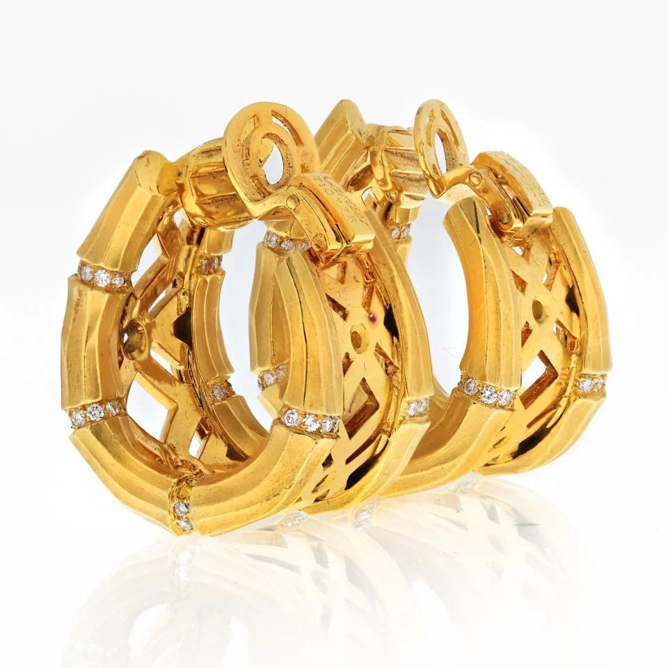 Carthttier 18K Yellow Gold Bamboo 1.50 carats Diamond Huggie Earrings