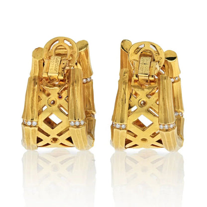 Carthttier 18K Yellow Gold Bamboo 1.50 carats Diamond Huggie Earrings
