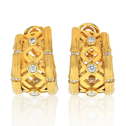 Carthttier 18K Yellow Gold Bamboo 1.50 carats Diamond Huggie Earrings