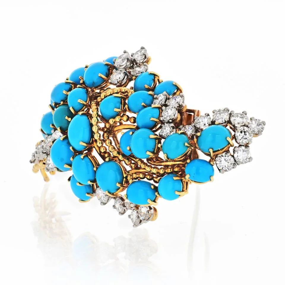 Carthttier 1960's 18K Yellow Gold Turquoise, Diamond Vintage Brooch