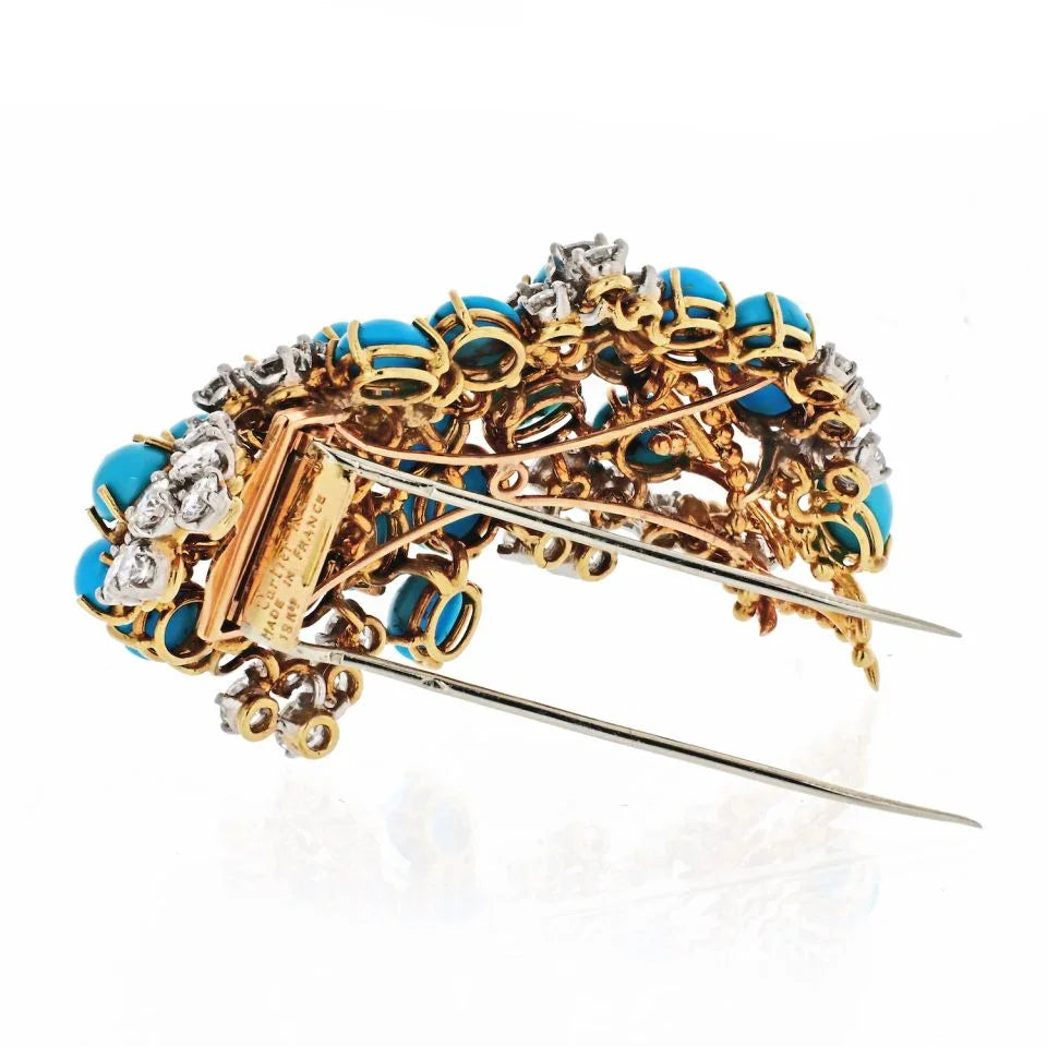 Carthttier 1960's 18K Yellow Gold Turquoise, Diamond Vintage Brooch