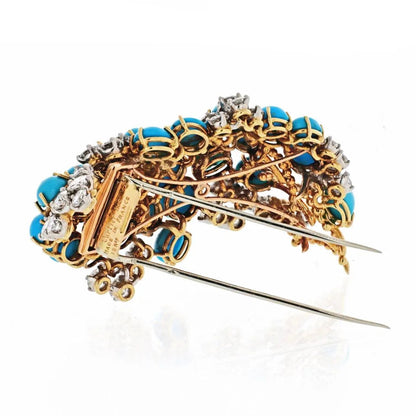 Carthttier 1960's 18K Yellow Gold Turquoise, Diamond Vintage Brooch