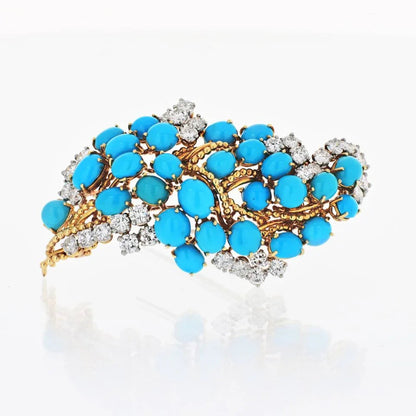 Carthttier 1960's 18K Yellow Gold Turquoise, Diamond Vintage Brooch
