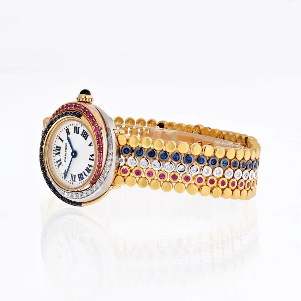 Carthttier Trinity 18K Tri Color 2357 Sapphire, Ruby, And Diamond Women Wrist Watch
