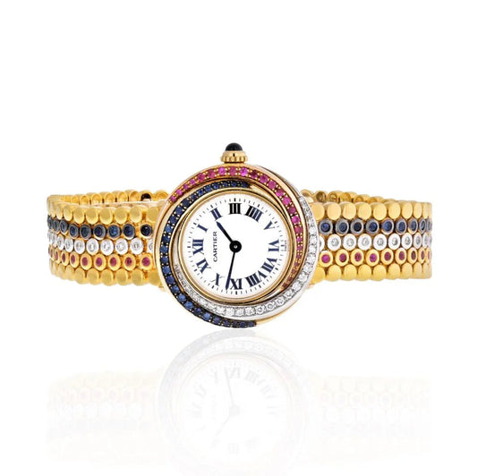 Carthttier Trinity 18K Tri Color 2357 Sapphire, Ruby, And Diamond Women Wrist Watch