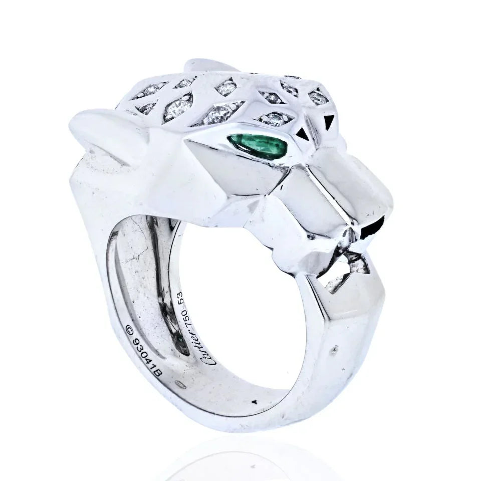 Carthttier 18K White Gold Panthere Diamond And Emerald Eyes Ring