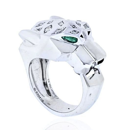Carthttier 18K White Gold Panthere Diamond And Emerald Eyes Ring