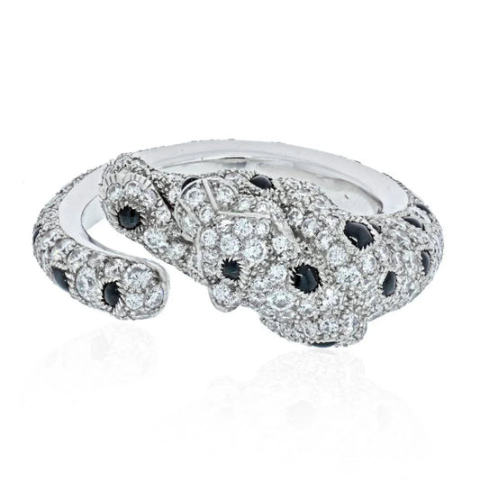 Carthttier 18K White Gold Panthere Diamond And Onyx Ring