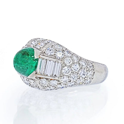 Carthttier Platinum Cabochon Emerald And Diamond Vintage Ring